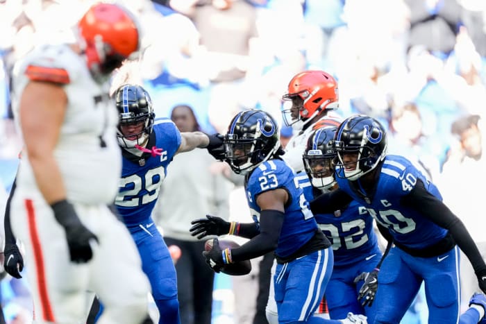 Oct 22, 2023; Indianapolis, Indiana, USA; Indianapolis Colts cornerback Kenny Moore II (23) reacts after making an interception during a game against the Cleveland Browns at Lucas Oil Stadium in Indianapolis.